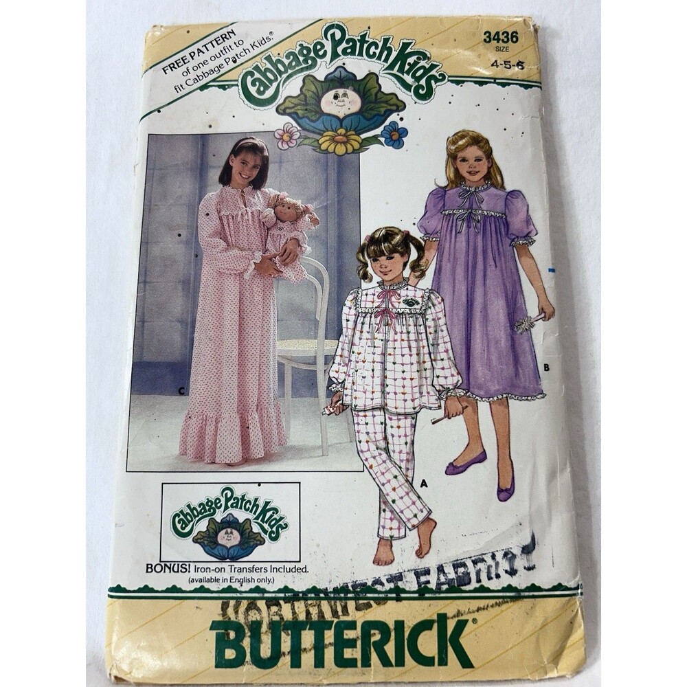 Butterick 3436 Girls Nightgown 4-5-6 Sewing Pattern UNCUT Cabbage Patch Kids